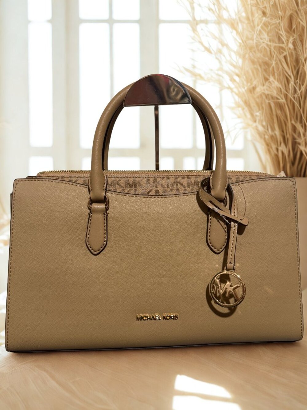 Michael Kors Tan Saffiano Leather Satchel with Gold Hardware